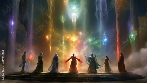 The caster and their allies are enveloped in a vibrant aura of energy where arcane symbols seem to flicker and spark around the group offering complete protection against any elemental photo