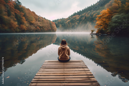 Person wearing hoodie sitting on a dock at the lake beside beautiful orange forest. Created with Generative AI technology