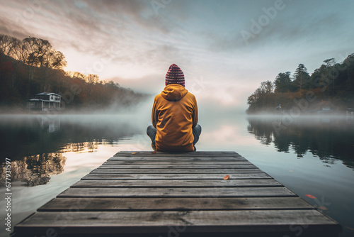 Peaceful scene of a person in yellow hoodie and beanie sitting on a dock in the middle of a serene lake. Created with Generative AI technology