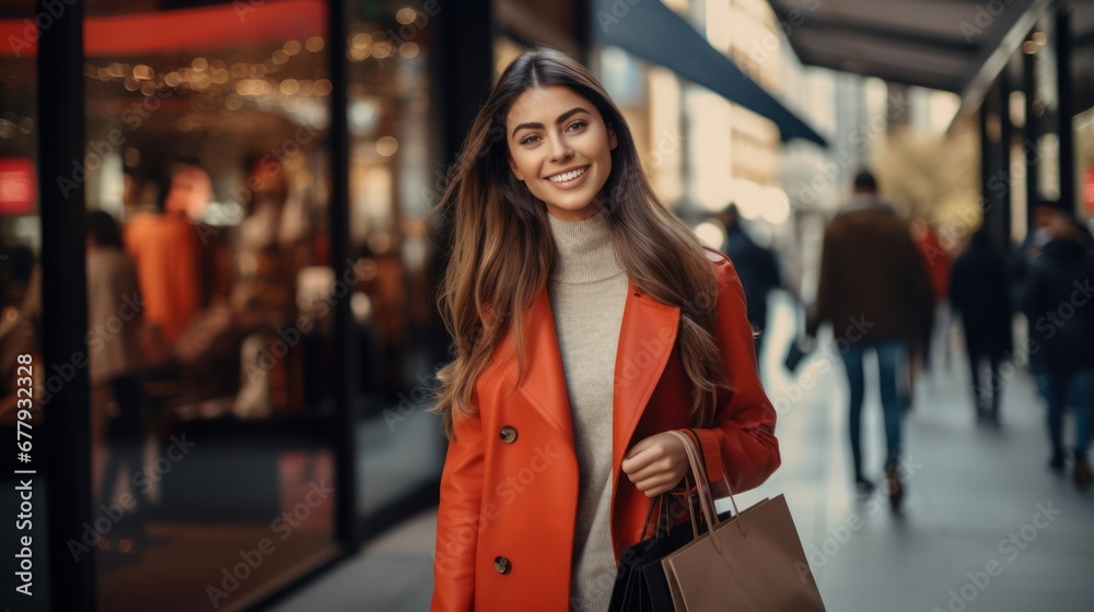 Beautiful fashionable woman walking near mall with shopping bags. Beautiful fashionable woman walking near mall with shopping bags.
