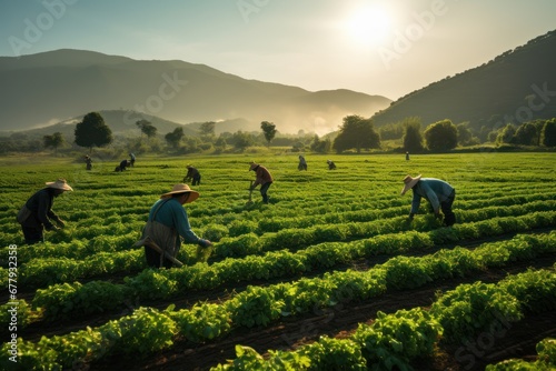Agriculture and tobacco production industry, Teamwork of Farmers fertilizing or spraying pesticides on growing tobacco fields. Tobacco Plant Growth Care. photo