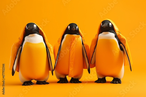 funny penguins in warm clothes on yellow solid background with copy space
