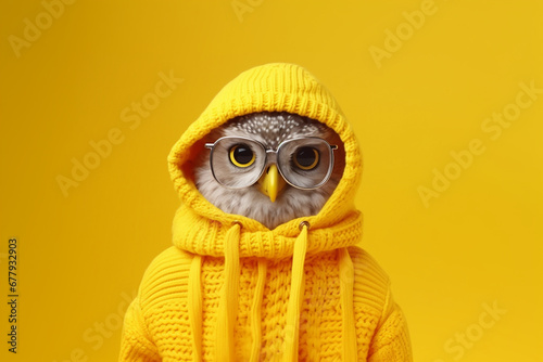 funny owl in warm clothes on yellow background with copy space