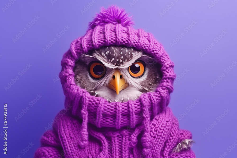 Fototapeta premium funny colorful owl in warm clothes 