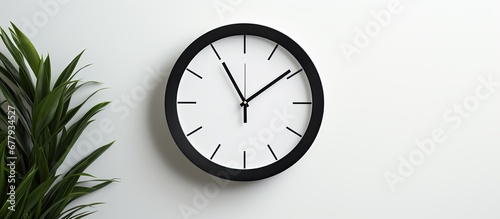 In the retro white office a black metal wall clock with an abstract circle design serves as a background representing the concept of time in the business and technology world