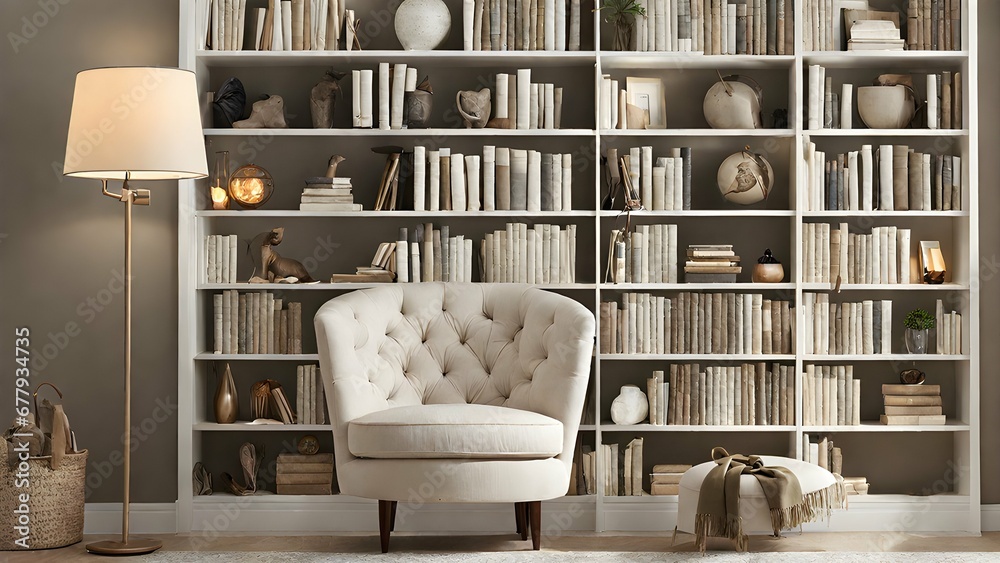 A reading nook with a comfy armchair, a floor lamp for reading, and built-in bookshelves. - obrazy, fototapety, plakaty 