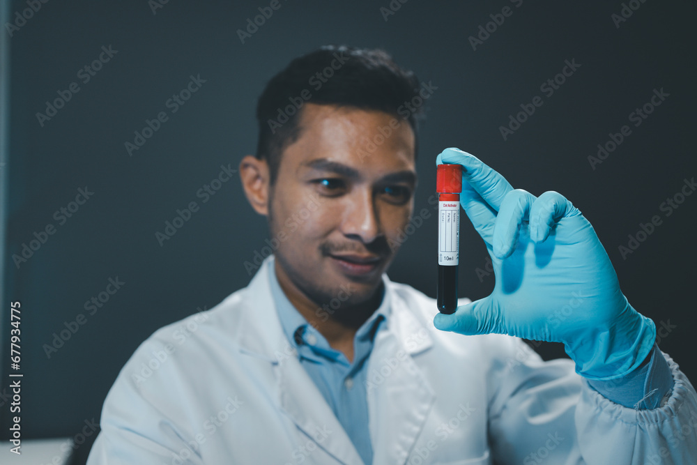A chemist is using a microscope to search for chemicals from blood in a test tube, Chemist is chemically analyzing test tubes, Scientist is experimenting with chemicals in the laboratory, A chemist is using a microscope to search for chemicals from blood in a test tube, Chemist is chemically analyzing test tubes, Scientist is experimenting with chemicals in the laboratory,