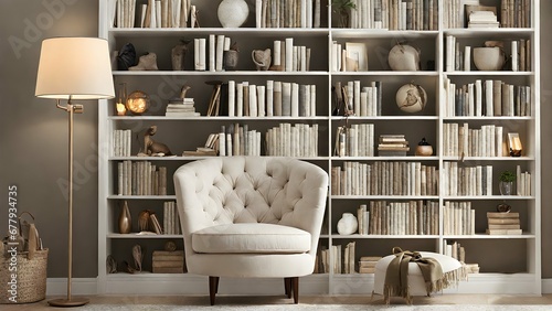 A reading nook with a comfy armchair, a floor lamp for reading, and built-in bookshelves. photo