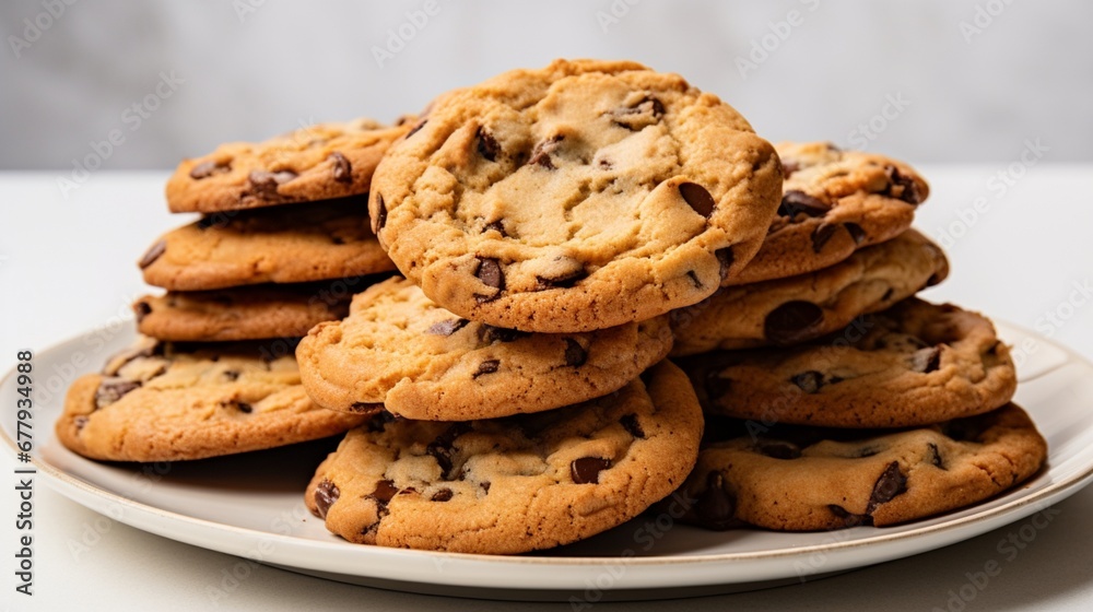 A plate of homemade chocolate chip cookies, stacked high, on a white linen background. A plate of homemade chocolate chip cookies, stacked high, on a white linen background.