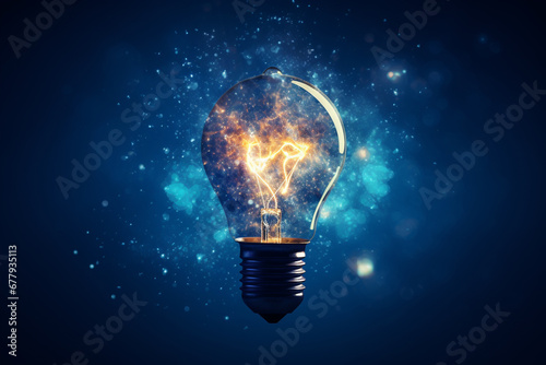 glowing light bulb on blue background photo