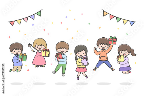 プレゼントを持ってジャンプする笑顔の子どもたち