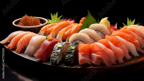 A traditional Japanese sushi platter, featuring an assortment of nigiri and sashimi. The fish is fresh and vibrant, laid on perfectly shaped rice. 
