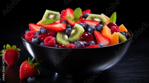 A vibrant bowl of mixed fruit salad, with bright colors of strawberries, blueberries, and kiwi, against a black backdrop.