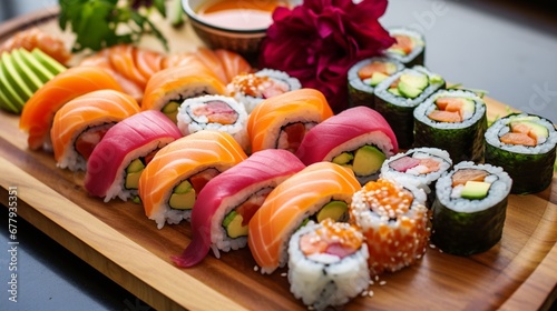 A vibrant, fresh sushi platter with salmon, tuna, and avocado rolls, on a simple bamboo mat background.