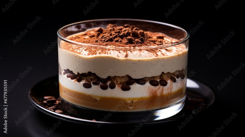 A serving of creamy tiramisu in a glass dish, with cocoa powder topping, on a black surface. A serving of creamy tiramisu in a glass dish, with cocoa powder topping, on a black surface.