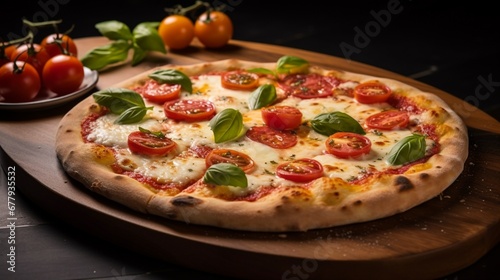A rustic, artisanal wood-fired pizza with a golden-brown, bubbly crust. Toppings include mozzarella cheese, cherry tomatoes, basil leaves, and a drizzle of olive oil. 
