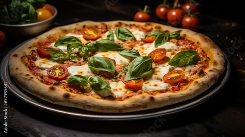 A rustic, artisanal wood-fired pizza with a golden-brown, bubbly crust. Toppings include mozzarella cheese, cherry tomatoes, basil leaves, and a drizzle of olive oil.