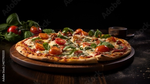 A rustic, artisanal wood-fired pizza with a golden-brown, bubbly crust. Toppings include mozzarella cheese, cherry tomatoes, basil leaves, and a drizzle of olive oil. 