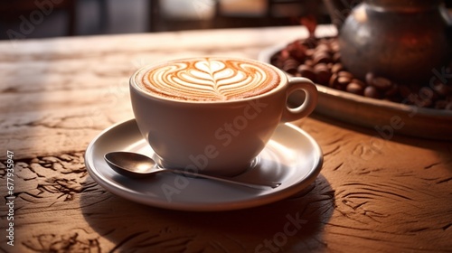 A steaming hot cup of cappuccino with a delicate foam art  on a wooden table.
