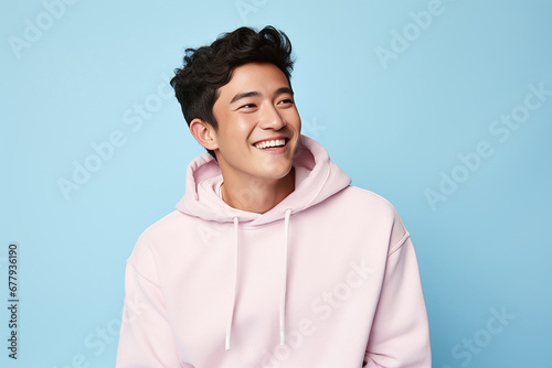The portrait of a cute and handsome male teeager in a pink, blue hoodie standing and looking at the camera, isolated on a pink, blue background. Generative AI.