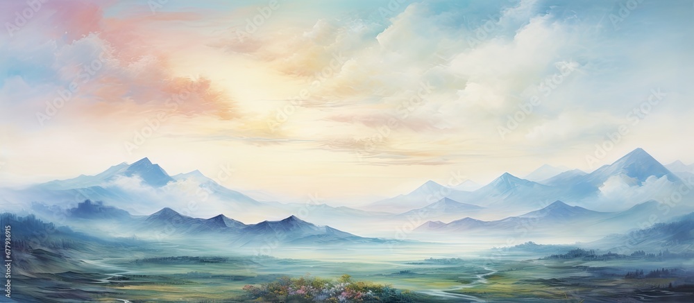 In the magnificent Asian landscape a breathtaking mountain range serves as the beautiful backdrop to an abstract painting of nature with blurred fields and a watercolor sky creating an ethe