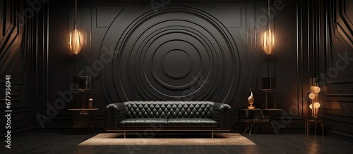 Incorporating an abstract vintage design with AI technology the wall in the black themed interior room showcases a captivating illustration creating a unique concept that blends architectur
