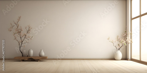 Empty room in a modern minimalist house with white wall wallpaper, in the style of Japanese zen inspired, beige, minimalist stage design 