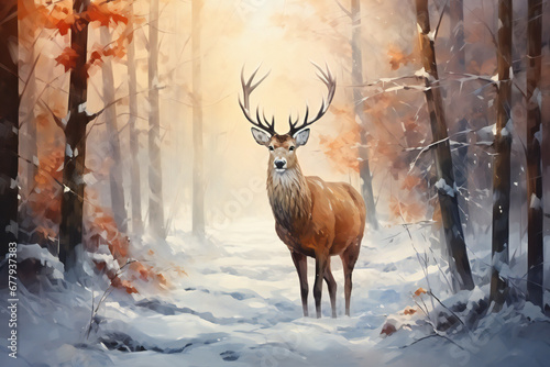 deer in winter forest. Snow covered pine trees. Winter landscape.  © Oleksandra