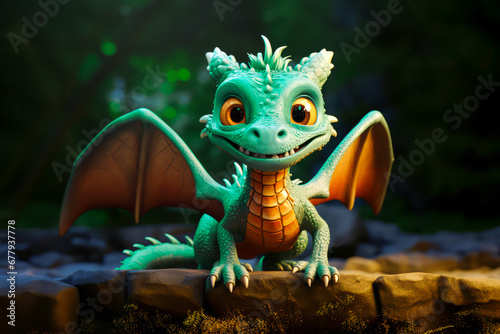 Cute  adorable smiling baby dragon lizard in nature. 3D illustration in a friendly cartoon animation fantasy style  making it a perfect symbol for the New Year 2024 and Chinese New Year. Generated AI