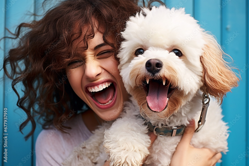 The portrait of the best buddy , a happy female owner with her dog, is holding and hugging her lovely pet to take a selfie photo together. Generative AI. The portrait of the best buddy , a happy female owner with her dog, is holding and hugging her lovely pet to take a selfie photo together. Generative AI.