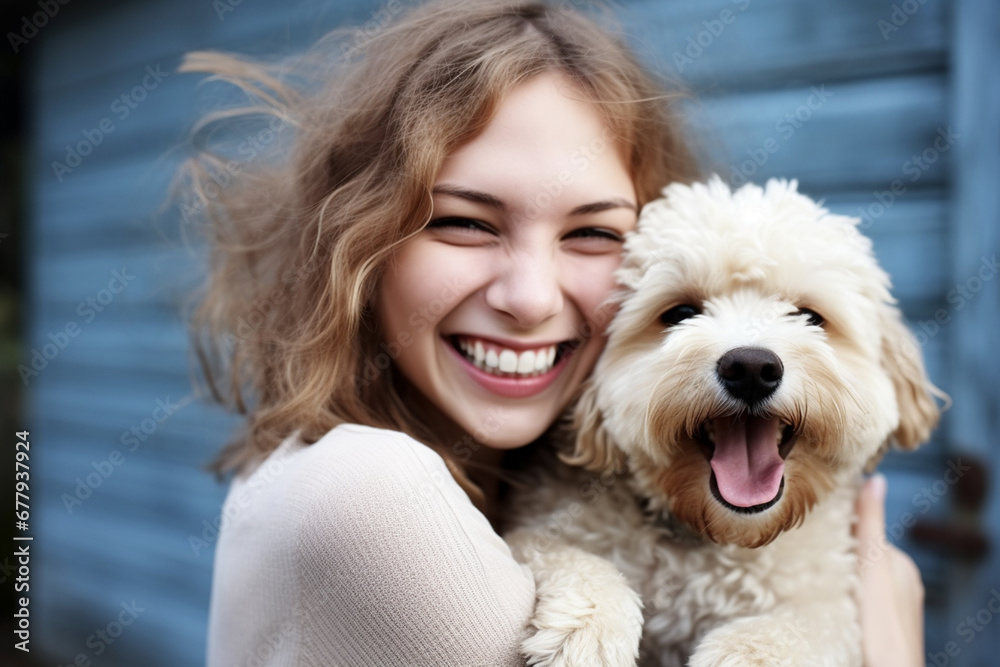The portrait of the best buddy , a happy female owner with her dog, is holding and hugging her lovely pet to take a selfie photo together. Generative AI. The portrait of the best buddy , a happy female owner with her dog, is holding and hugging her lovely pet to take a selfie photo together. Generative AI.