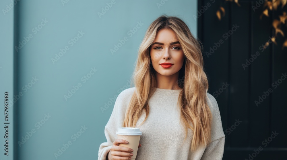 Young business woman holding coffee of the modern office building background Young business woman holding coffee of the modern office building background