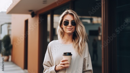 Young business woman holding coffee of the modern office building background