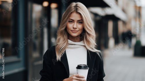 Young business woman holding coffee of the modern office building background