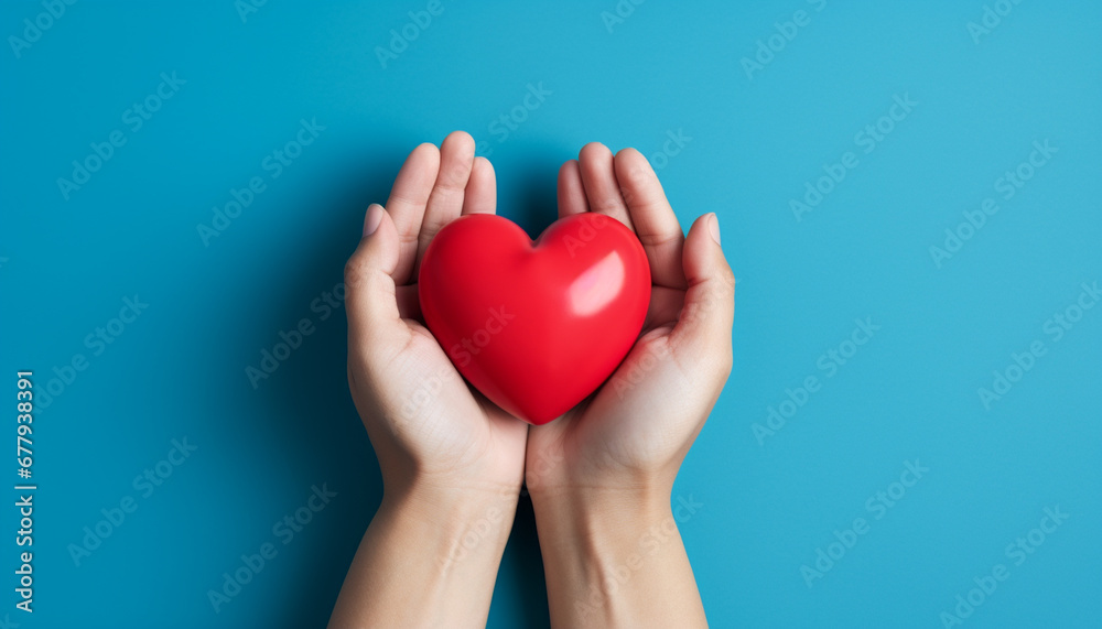Fototapeta premium hands holding red heart isolated on blue background with copy space