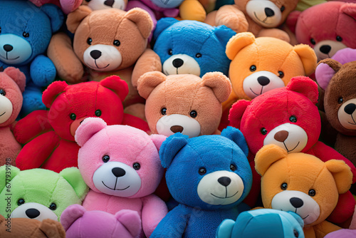 A lot of multicolored teddy bears pile together. Top view