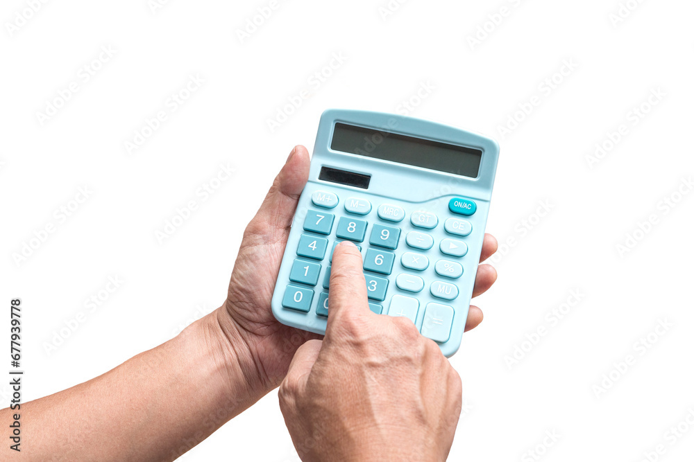 Man using a calculator, close up shot. Isolated, transparent background. Man using a calculator, close up shot. Isolated, transparent background.