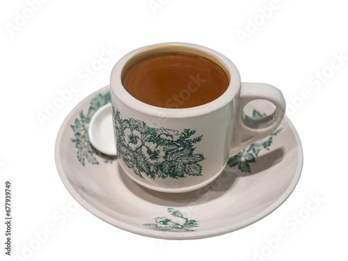 Asian style coffee in a vintage ceramic cup and saucer. Isolated, transparent background.