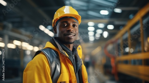 Handsome and Happy Professional Worker Wearing Safety Vest and Hard Hat Charmingly Smiling on Camera. In the Background Big Warehouse with Shelves full of Delivery Goods. Medium Close-up Portrait