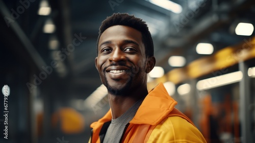 Handsome and Happy Professional Worker Wearing Safety Vest and Hard Hat Charmingly Smiling on Camera. In the Background Big Warehouse with Shelves full of Delivery Goods. Medium Close-up Portrait © Kowit