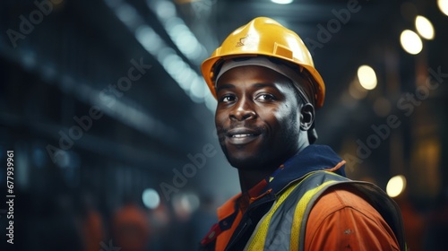 Handsome and Happy Professional Worker Wearing Safety Vest and Hard Hat Charmingly Smiling on Camera. In the Background Big Warehouse with Shelves full of Delivery Goods. Medium Close-up Portrait