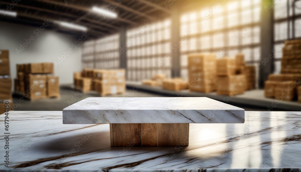 an empty canvas for product arrangement, marble table with dynamic product display montage,  accentuated a blurred warehouse atmosphere, 