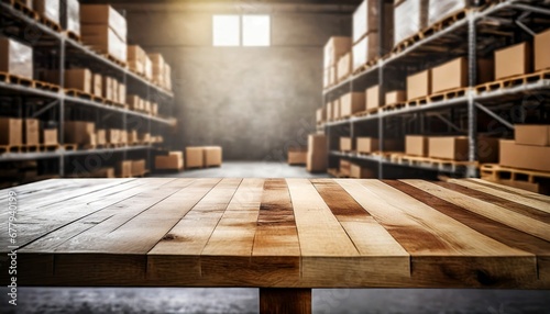 wooden table with an empty canvas for product arrangement   dynamic product display montage  accentuated by a blurred warehouse atmosphere 