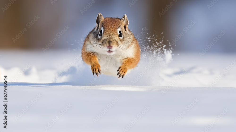 cute hamster running through fluffy winter snow, cold season, rodent in the wild nature cute hamster running through fluffy winter snow, cold season, rodent in the wild nature