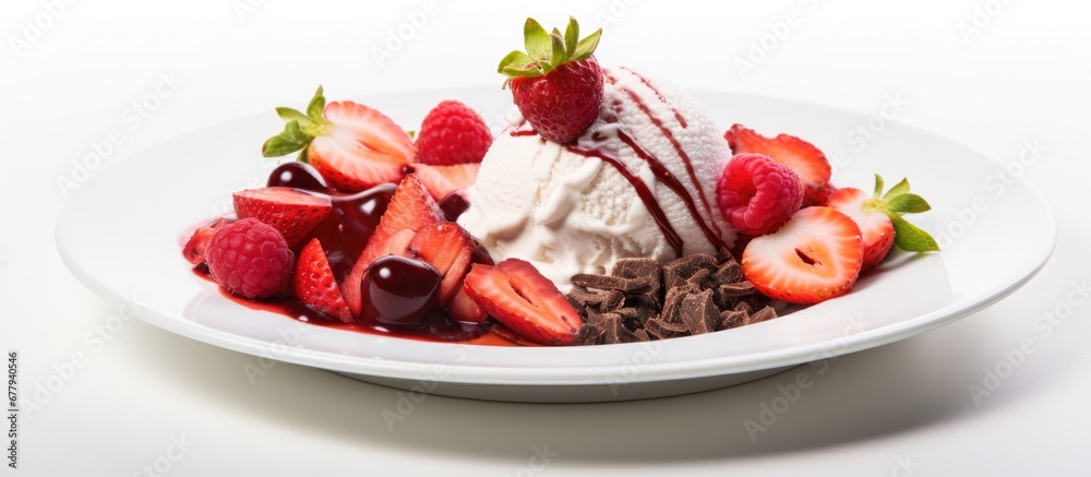 isolated white background a plate of healthy dessert is served consisting of fresh red strawberries ice cream and candy tempting everyone to indulge sweet delights