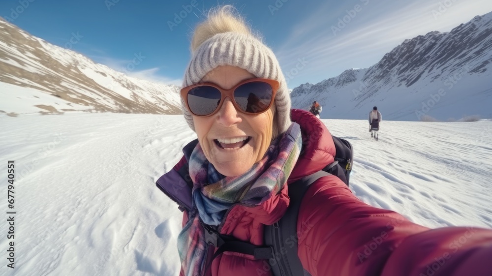 Traveler influencer taking selfie during travel in winter season backpack on alps mountain comeliness
