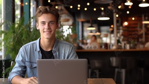 Young Caucasian male with a laptop at a café, embodying casual professionalism. Suitable for tech, remote work, and modern lifestyle marketing.