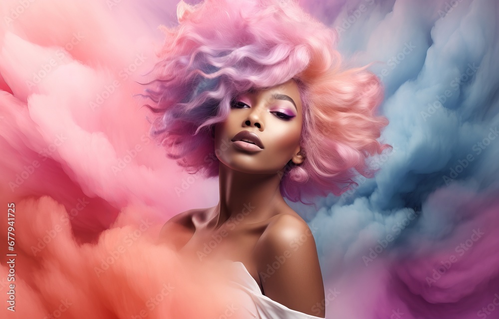 Black woman with pink and orange cloud-like hair. Suited for bold beauty editorials and hair product advertisements.