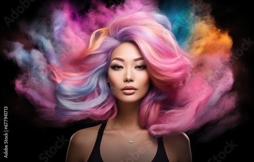 Asian woman with colorful wind-swept hair, capturing a moment of creativity and vibrant beauty.