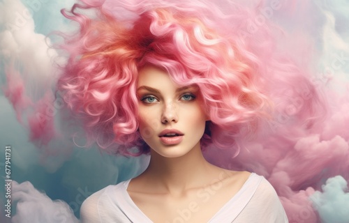 Woman with voluminous pink curls against a cloud-like backdrop. Excellent for haircare campaigns and fantasy-themed visuals.